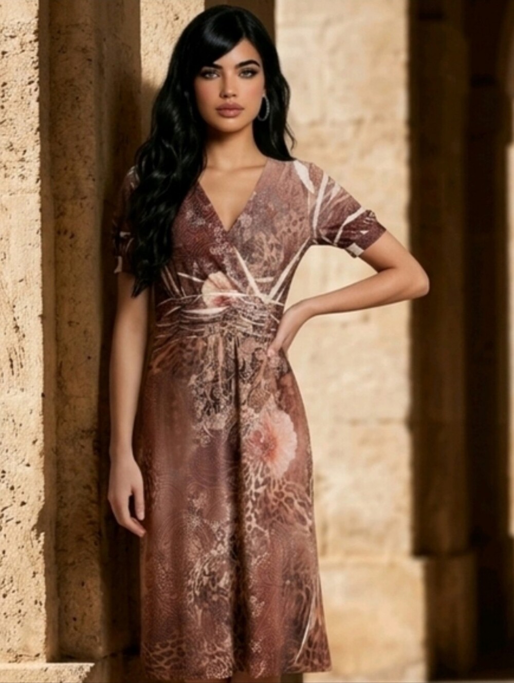 Dressbarn brand dress featuring a mixed floral & animal print in earthy brown 8 - Picture 14 of 16